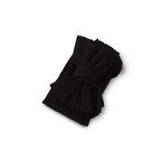 black jet ribbed knit baby headband with re-tieable oversized double bow, designed for newborns and toddlers