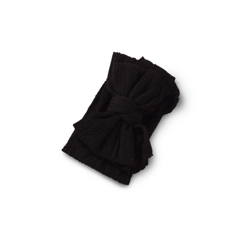 black jet ribbed knit baby headband with re-tieable oversized double bow, designed for newborns and toddlers