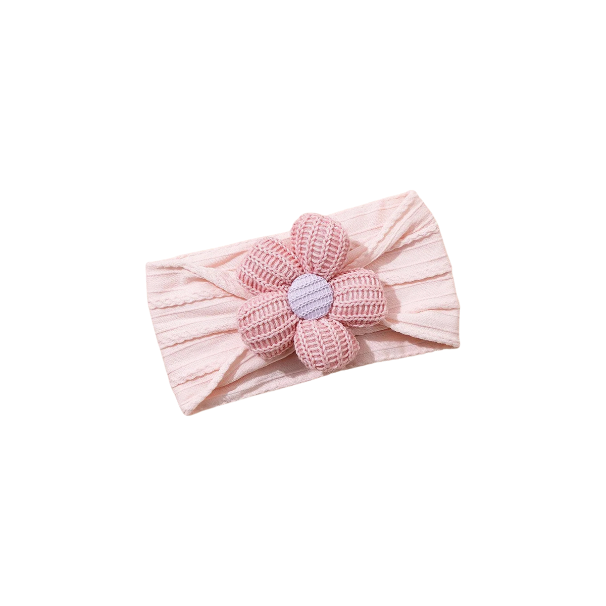 Bloom cable knit flower baby headband in fairy floss with a tonal blush flower