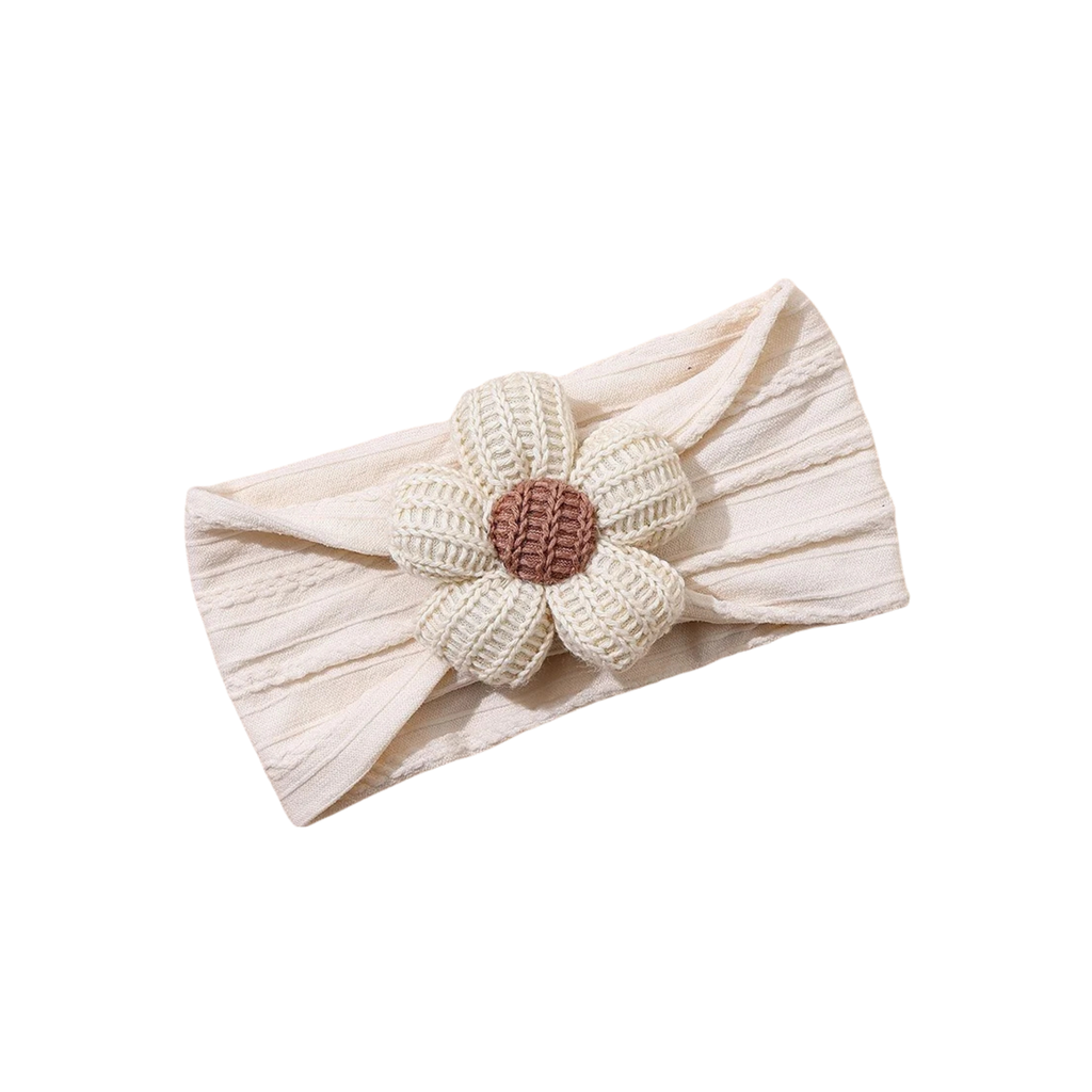 Chalk on chalk tonal cable knit flower baby headband on white background