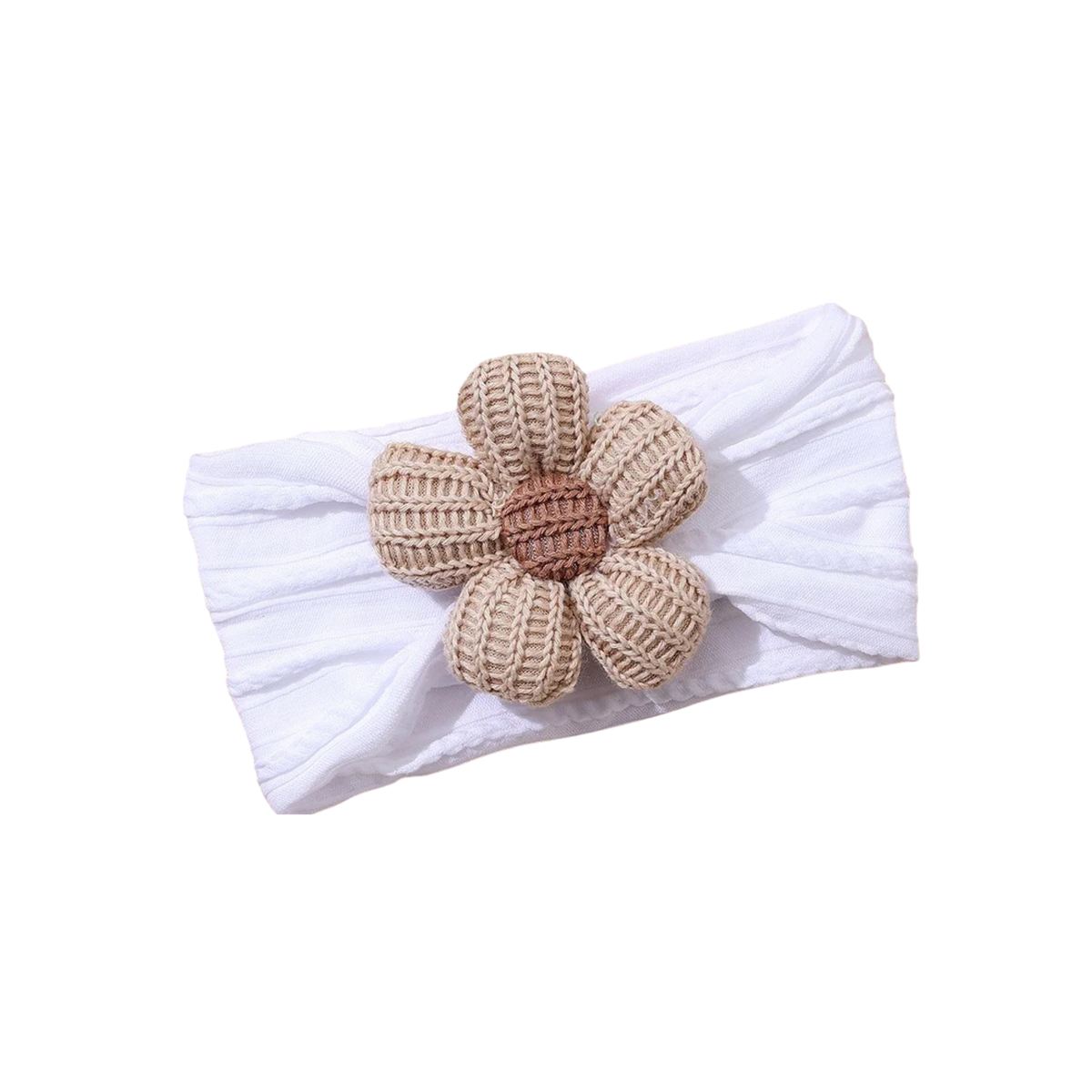 Latte knitted flower on white cable knit baby headband on white background