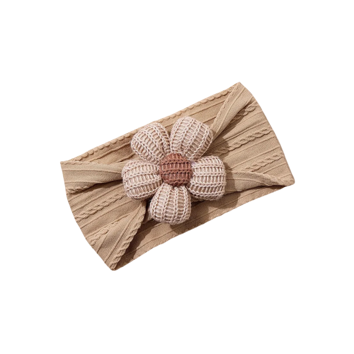 Sand on oat tonal cable knit flower baby headband on white background