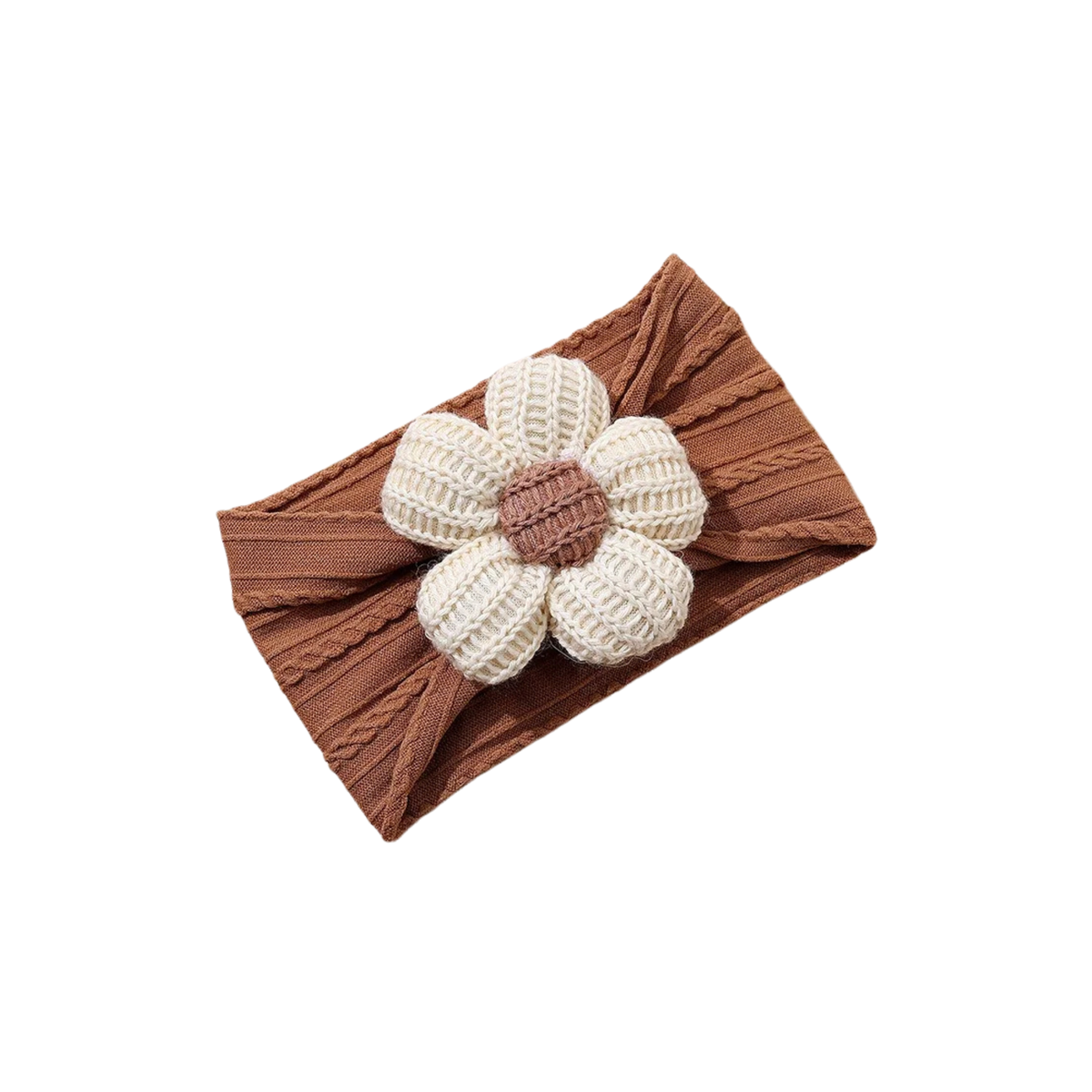 Sand knitted flower on rust cable knit baby headband on white background