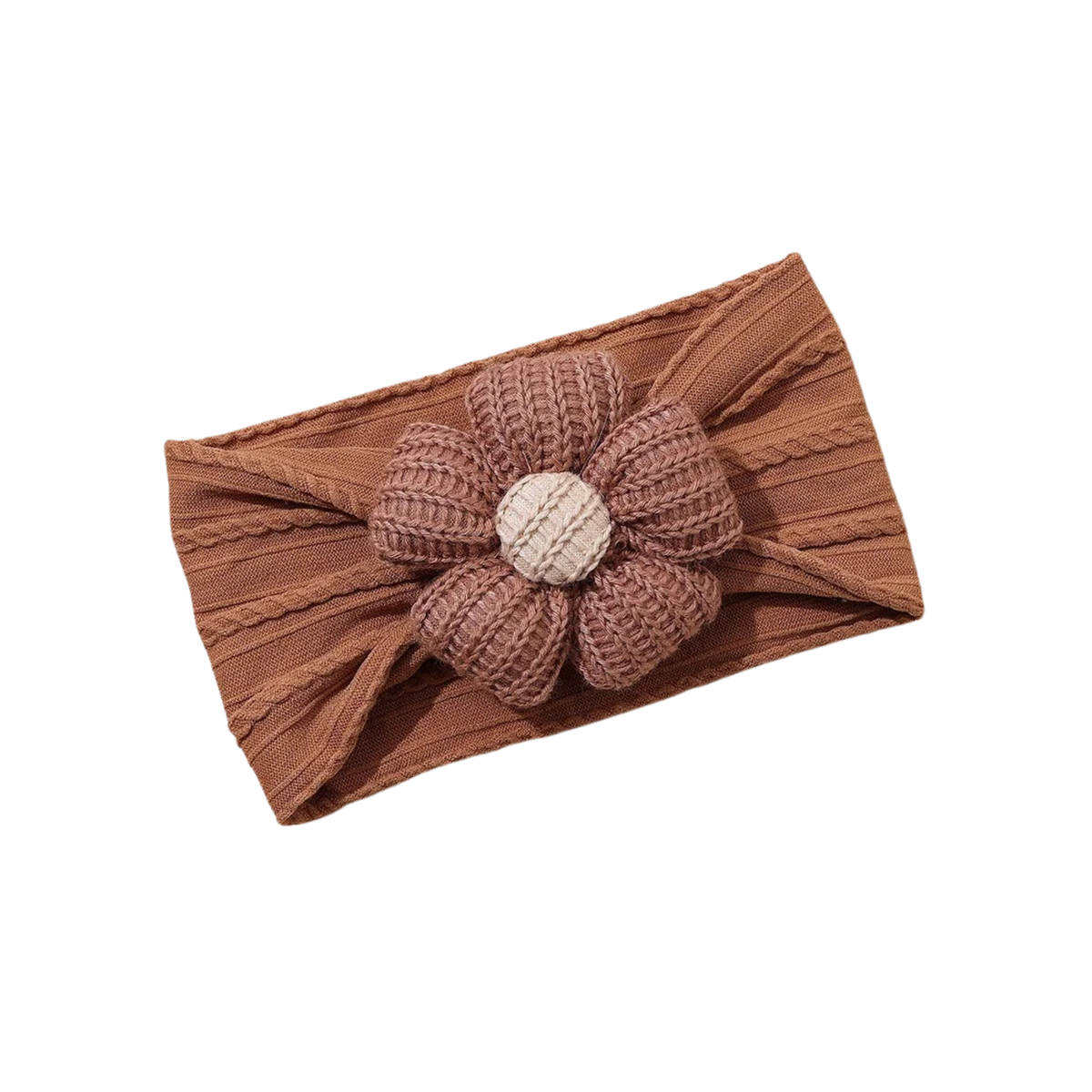 Sienna on rust tonal cable knit flower baby headband on white background