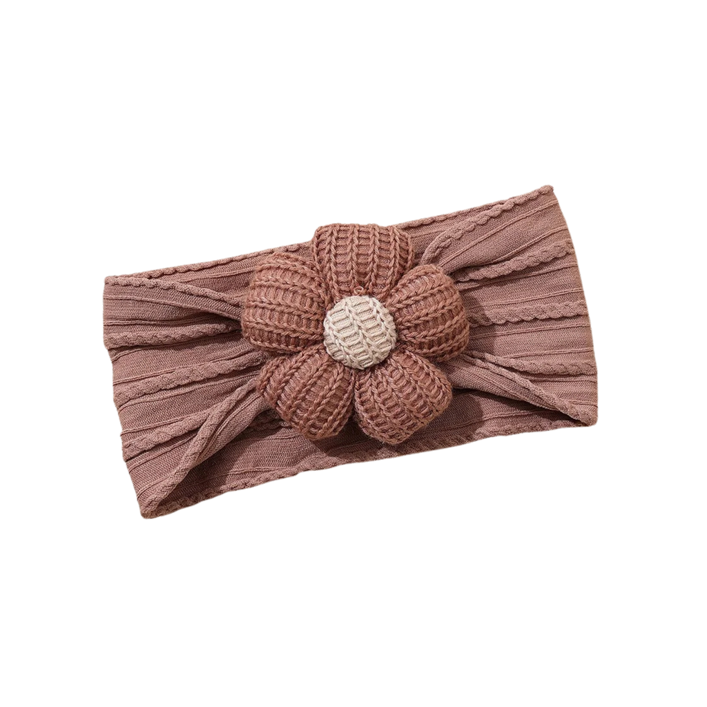 Sienna on sienna deep tonal brown cable knit flower baby headband on white background