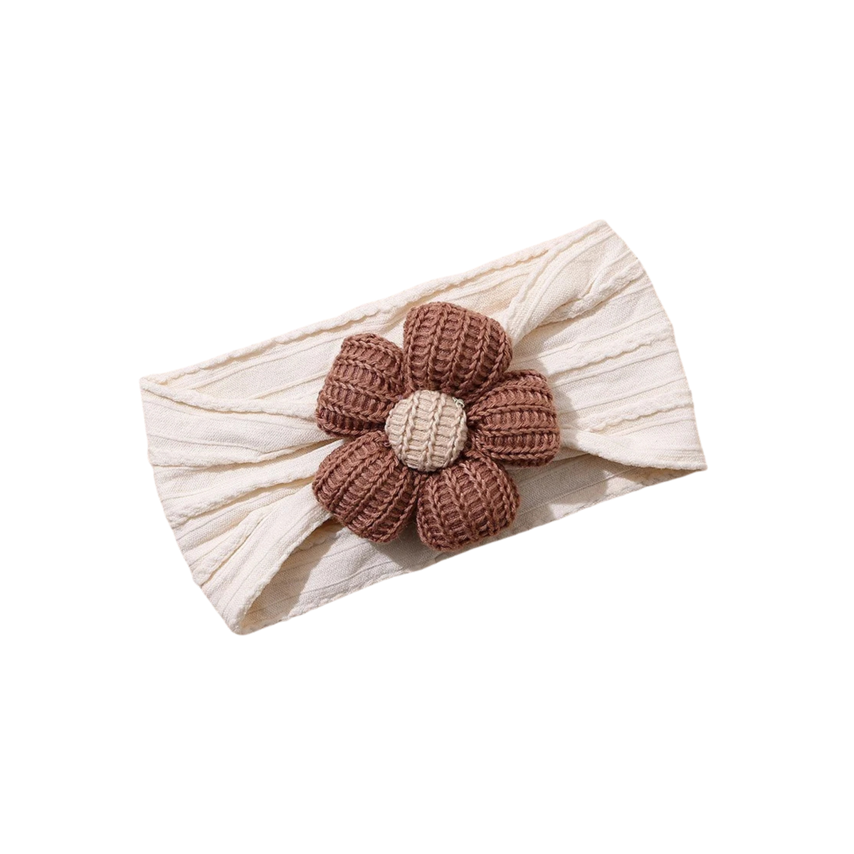 Tawny brown knitted flower on chalk cable knit baby headband on white background