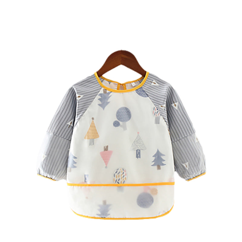 Blue forest baby smock bib with long sleeves, waterproof toddler bib with woodland trees design