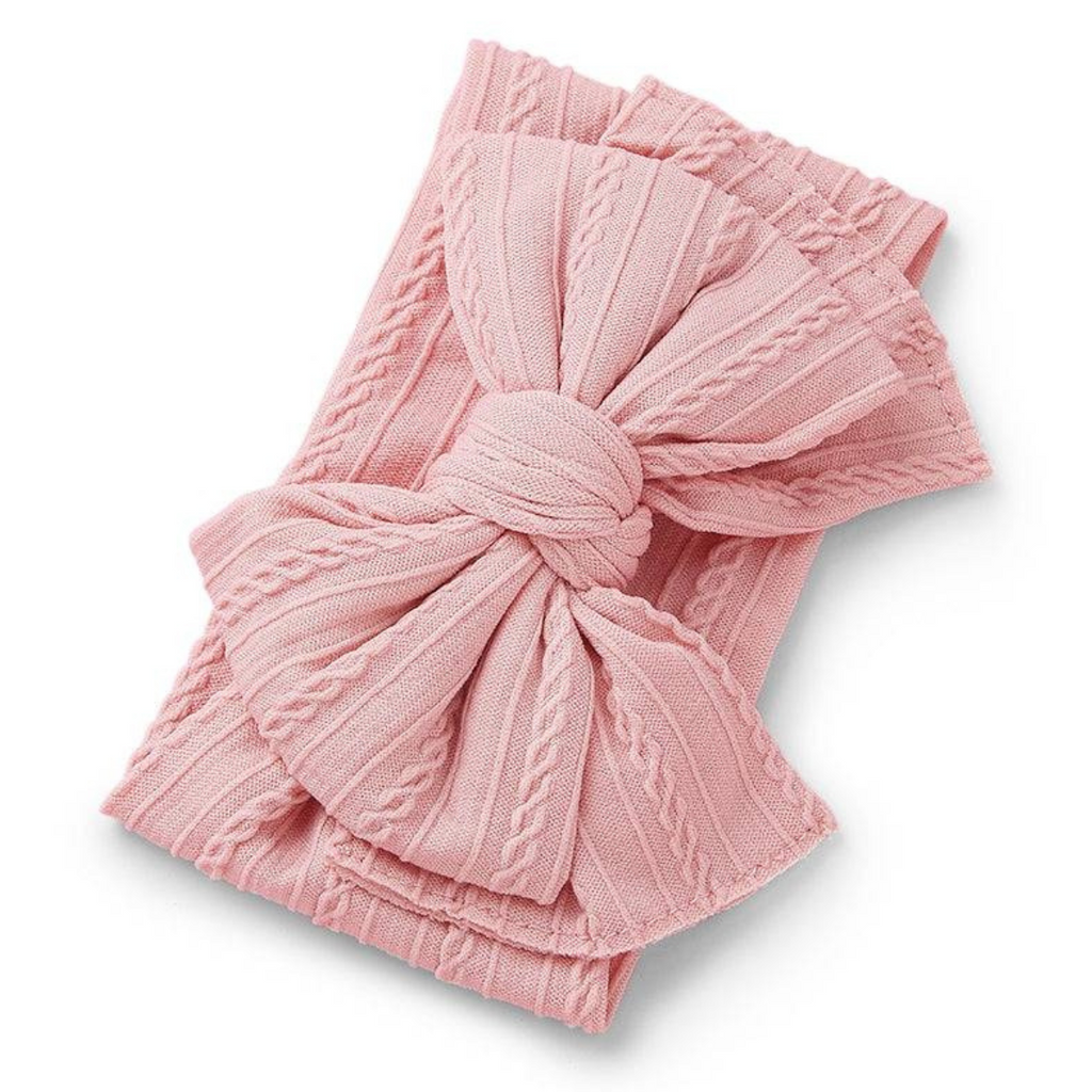 Bowie Cable Knit Double Bow Headband — baby headband size and scale reference