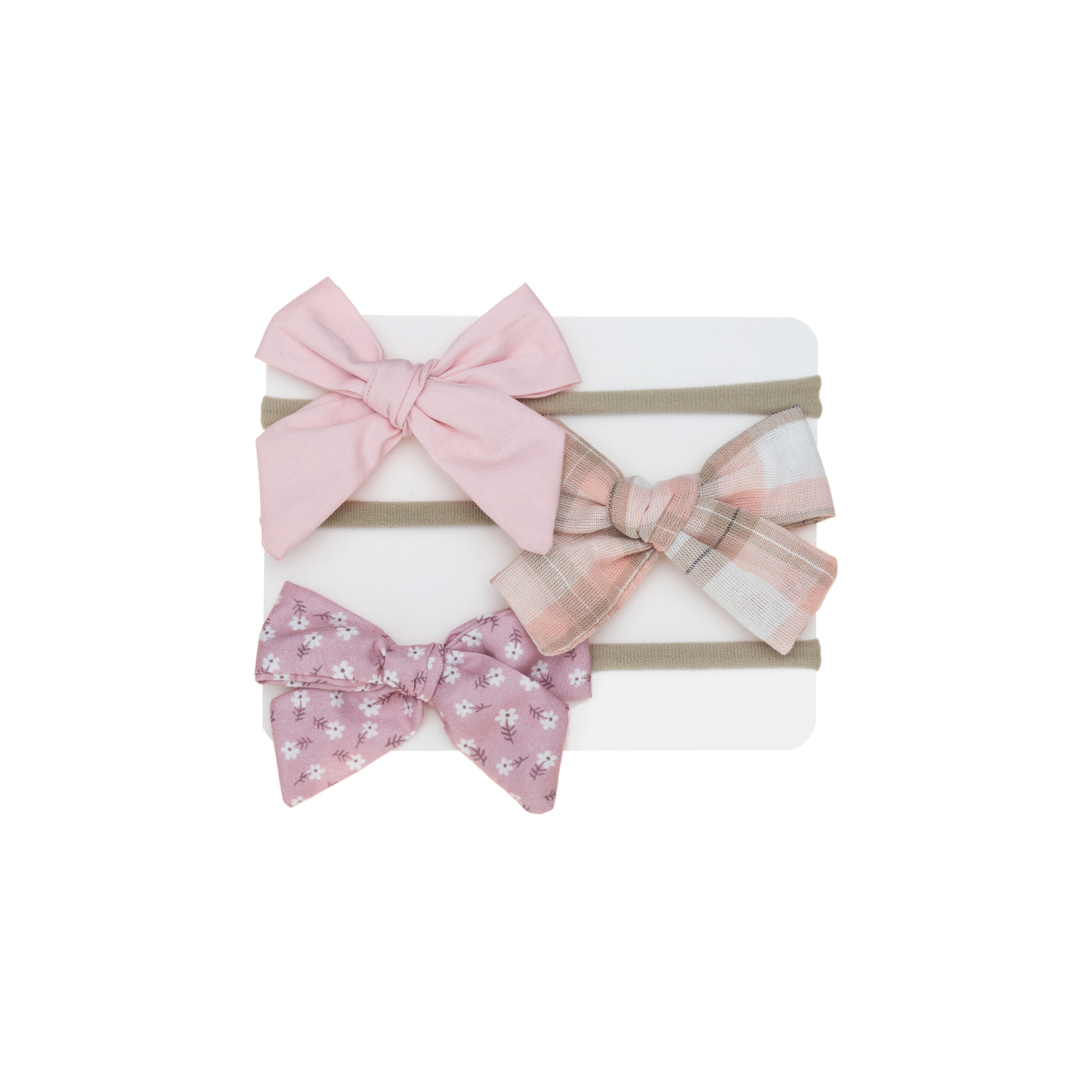 Pale pink, peach plaid and mauve ditsy floral sailor bow baby headbands on a card, Hattie ballet set