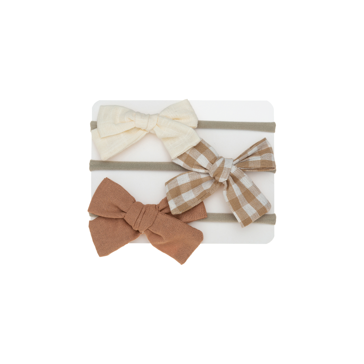 Cream, tan gingham and caramel sailor bow baby headbands on a card, Hattie biscuit set