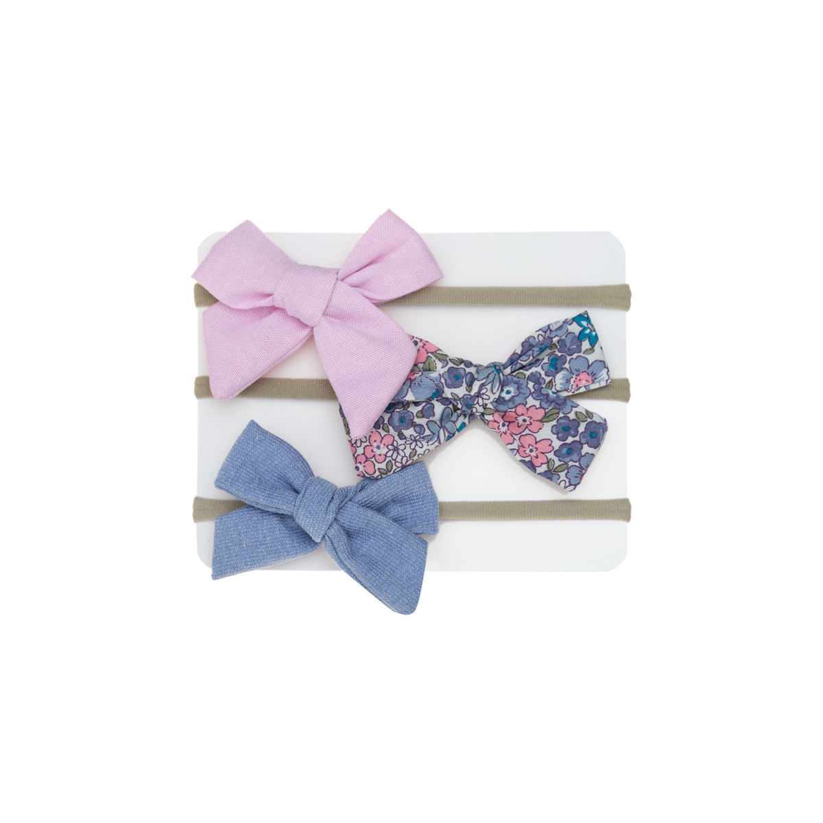 Lilac, blue ditsy floral and chambray blue sailor bow baby headbands on a card, Hattie hydrangea set