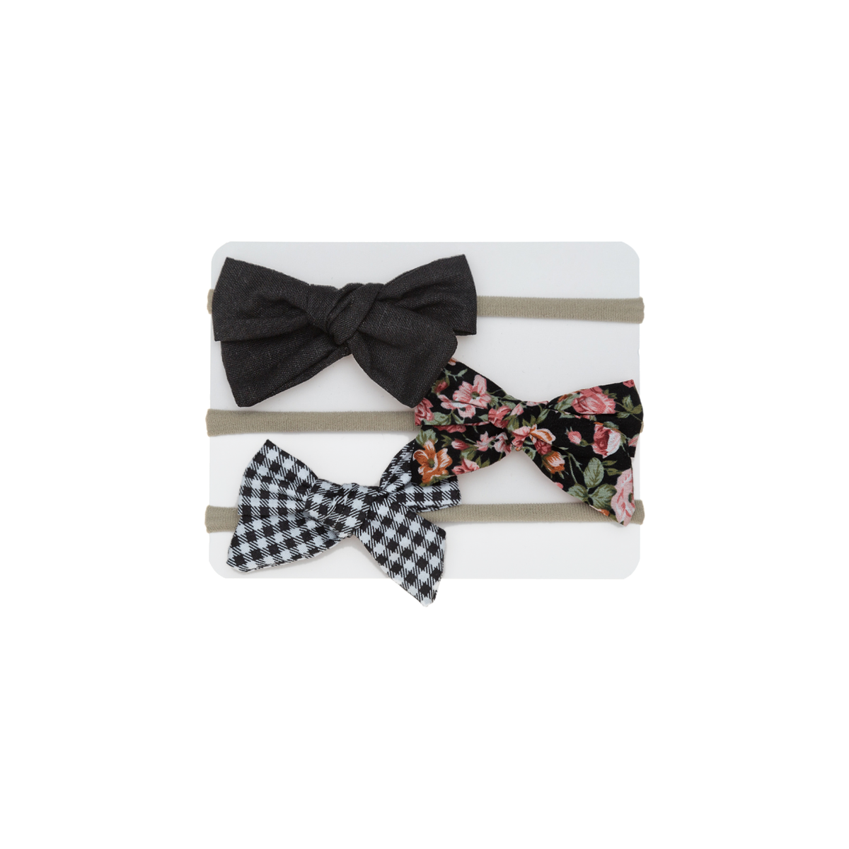Black, black rose floral and black and white gingham sailor bow baby headbands on a card, Hattie liquorice set