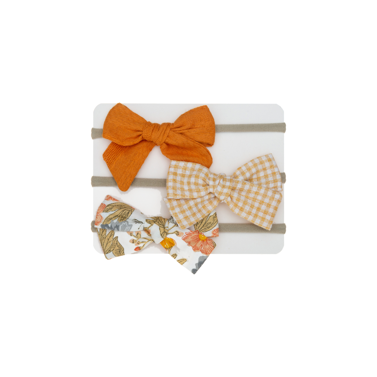 Burnt orange, mustard gingham and white floral sailor bow baby headbands on a card, Hattie marmalade set