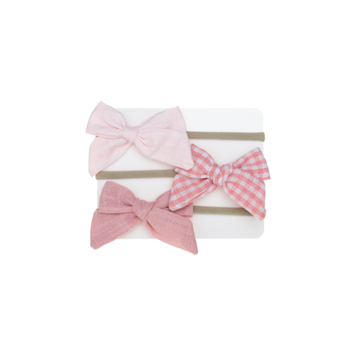 Pale pink, coral pink gingham and dusty rose sailor bow baby headbands on a card, Hattie picnic set