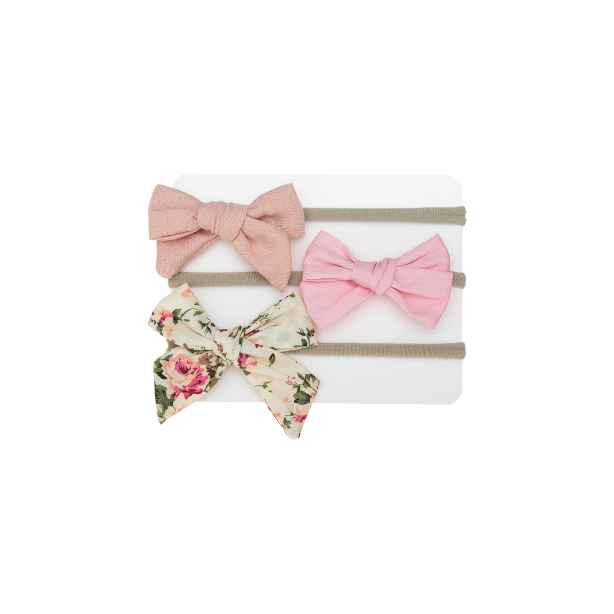 Dusty pink, candy pink and cream rose floral sailor bow baby headbands on a card, Hattie rosebud set