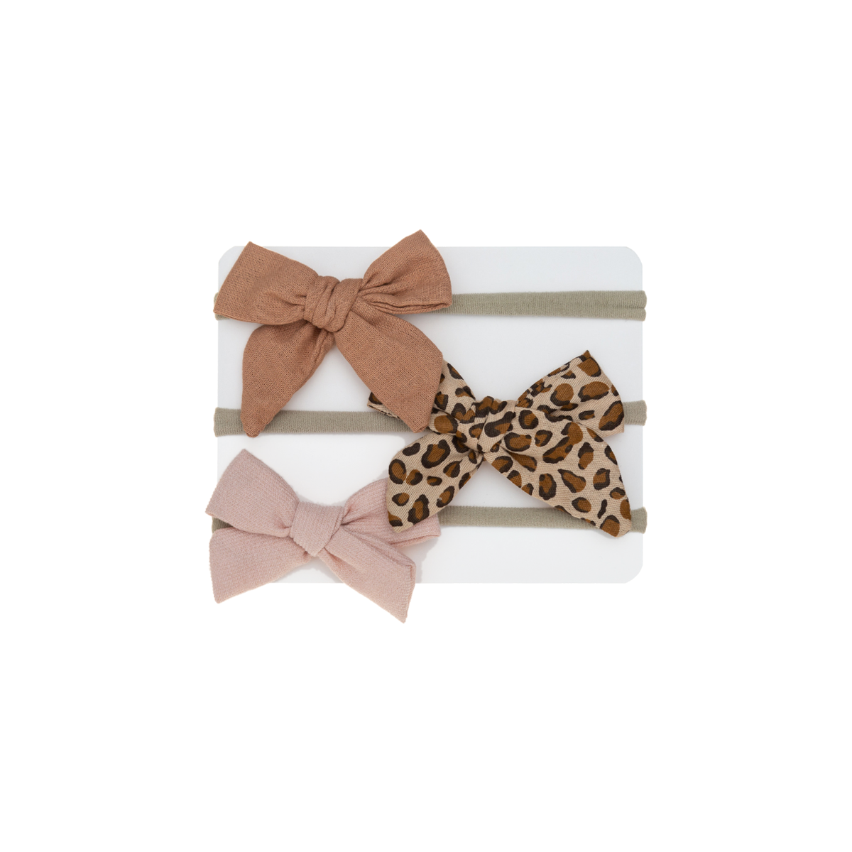 Caramel, leopard print and blush pink sailor bow baby headbands on a card, Hattie wildcat set
