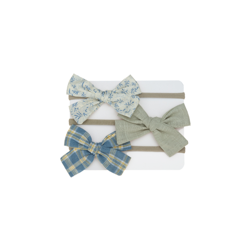 Cream blue sprig, sage green and blue mustard plaid sailor bow baby headbands on a card, Hattie willow set