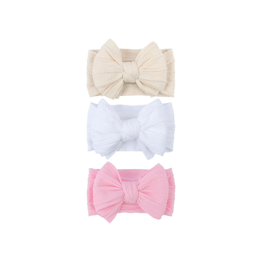 Classic Blush cable knit double bow baby headband 3-pack in chalk, white and fairy floss pink