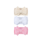 Classic Blush cable knit double bow baby headband 3-pack in chalk, white and fairy floss pink