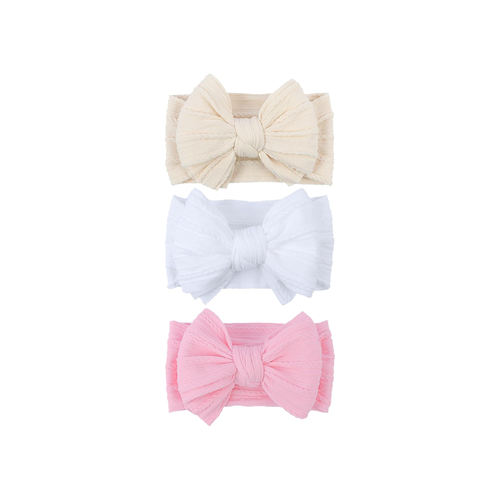 Classic Blush cable knit double bow baby headband 3-pack in chalk, white and fairy floss pink