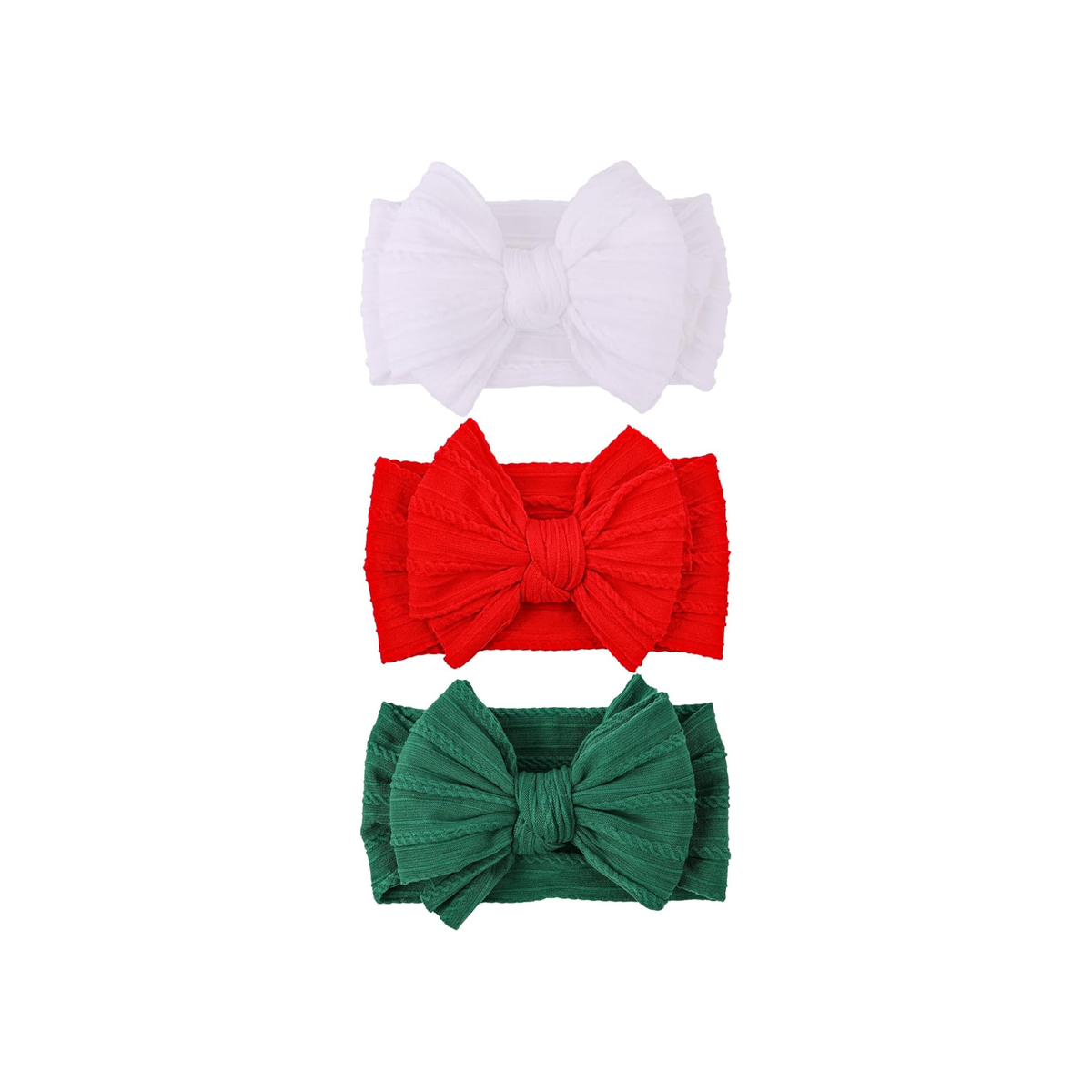Festive Joy cable knit double bow baby headband 3-pack in white, cherry red and pine green