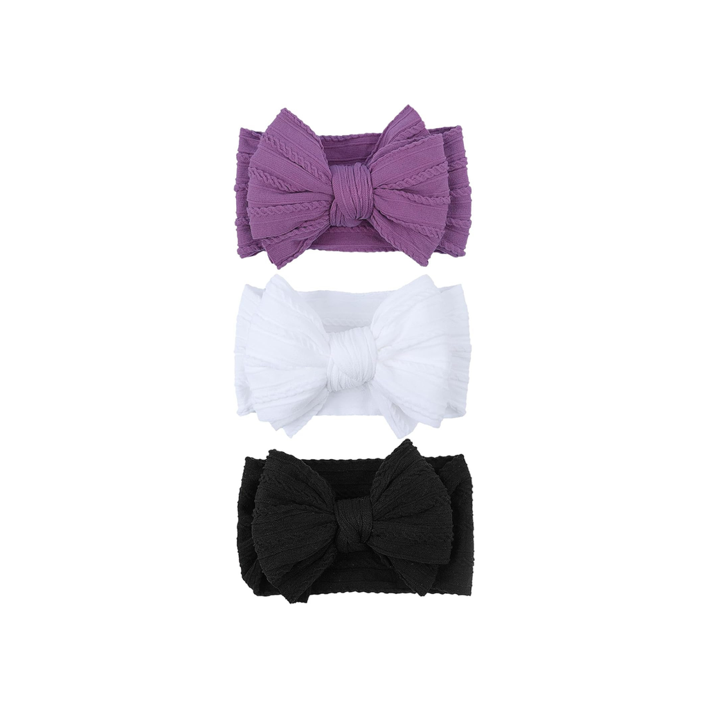 Twilight cable knit double bow baby headband 3-pack in mauve purple, white and black