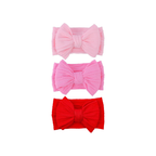 Valentine cable knit double bow baby headband 3-pack in peony, fuchsia and strawberry red