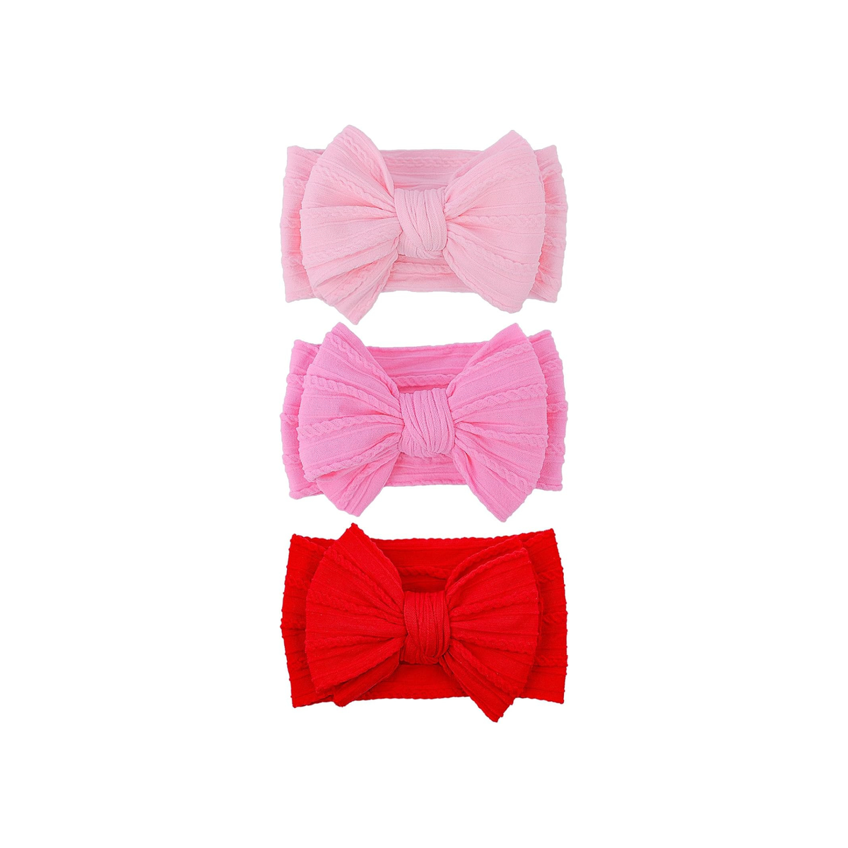 Valentine cable knit double bow baby headband 3-pack in peony, fuchsia and strawberry red