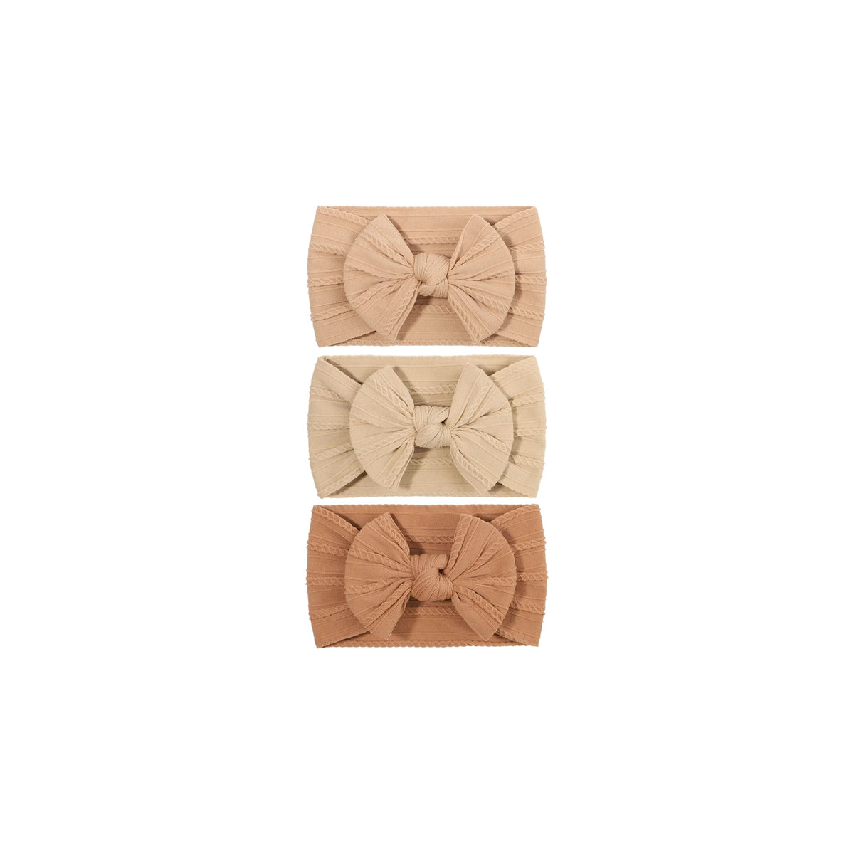 Bowie single bow cable knit baby headband set 17, three headbands in neutral tones
