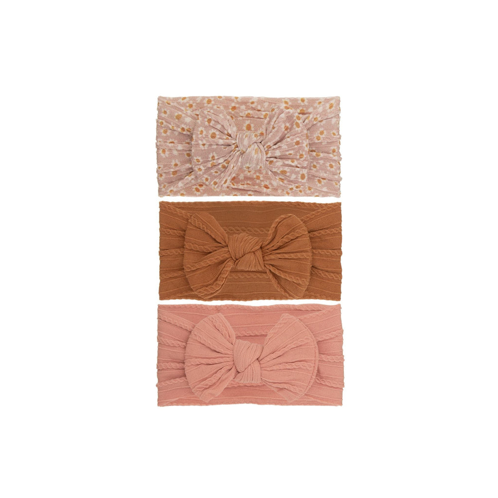 Set 2 cable knit single bow baby headband 3-piece set on white background
