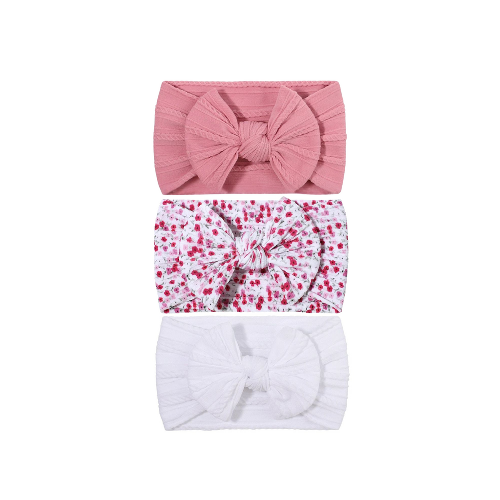 Set 22 cable knit single bow baby headband 3-piece set on white background