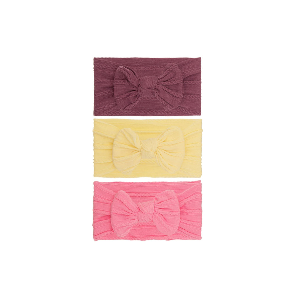 Set 8 cable knit single bow baby headband 3-piece set on white background