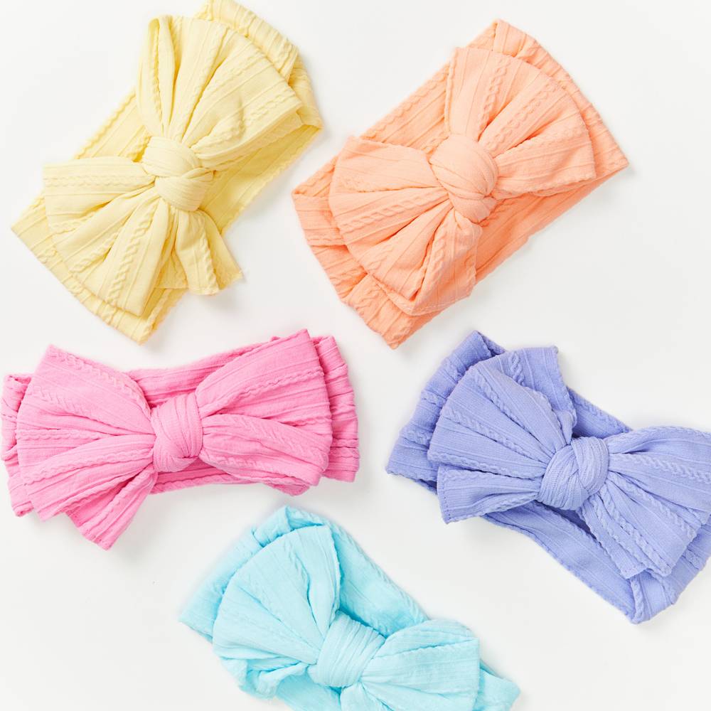 Bowie Double Bow Headband in Sky Blue — baby headband close-up showing nylon