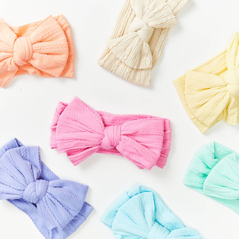 Baby girl wearing lilac purple baby headband with ear detail — Bowie Double Bow Headband
