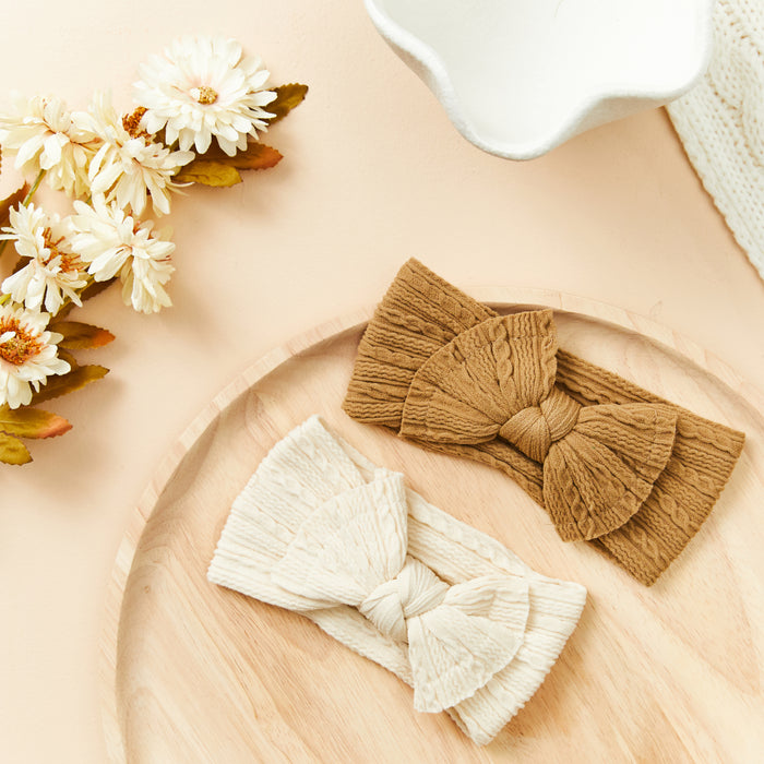Baby Twist Cable Knit Bow Headband in Oat