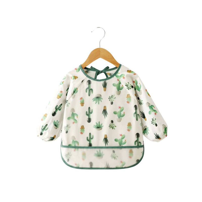 Cactus cutie baby smock bib with long sleeves, waterproof feeding smock with cactus print