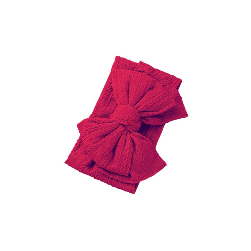 cherry red ribbed knit baby headband with re-tieable oversized double bow, designed for newborns and toddlers