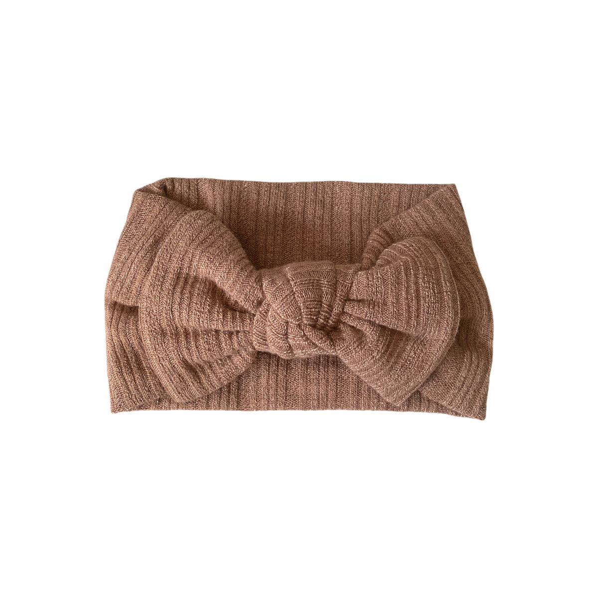 Cleo ribbed knit baby bow headband in sienna brown
