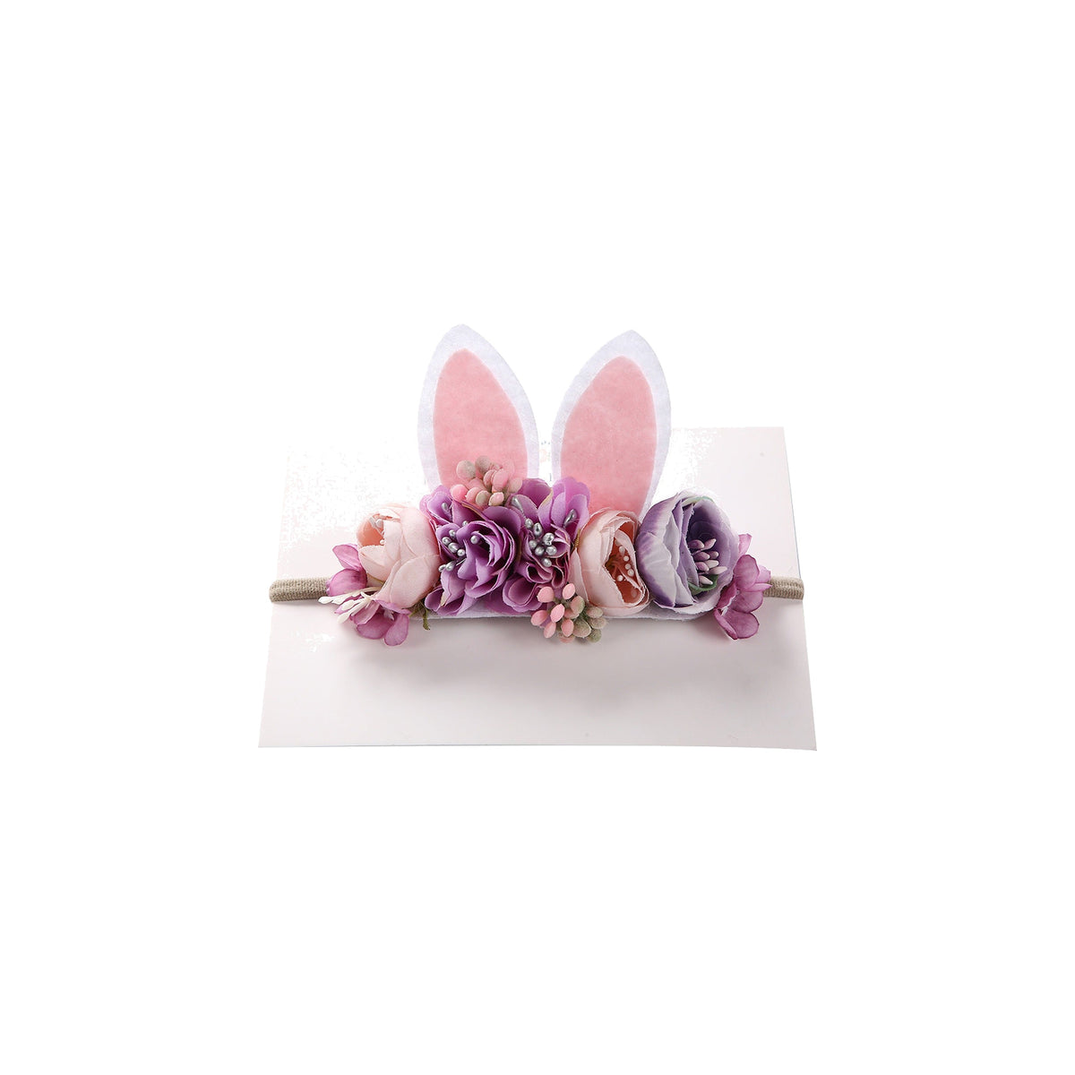 Clover Easter bunny ear baby headband in orchid with felt ears and faux flowers