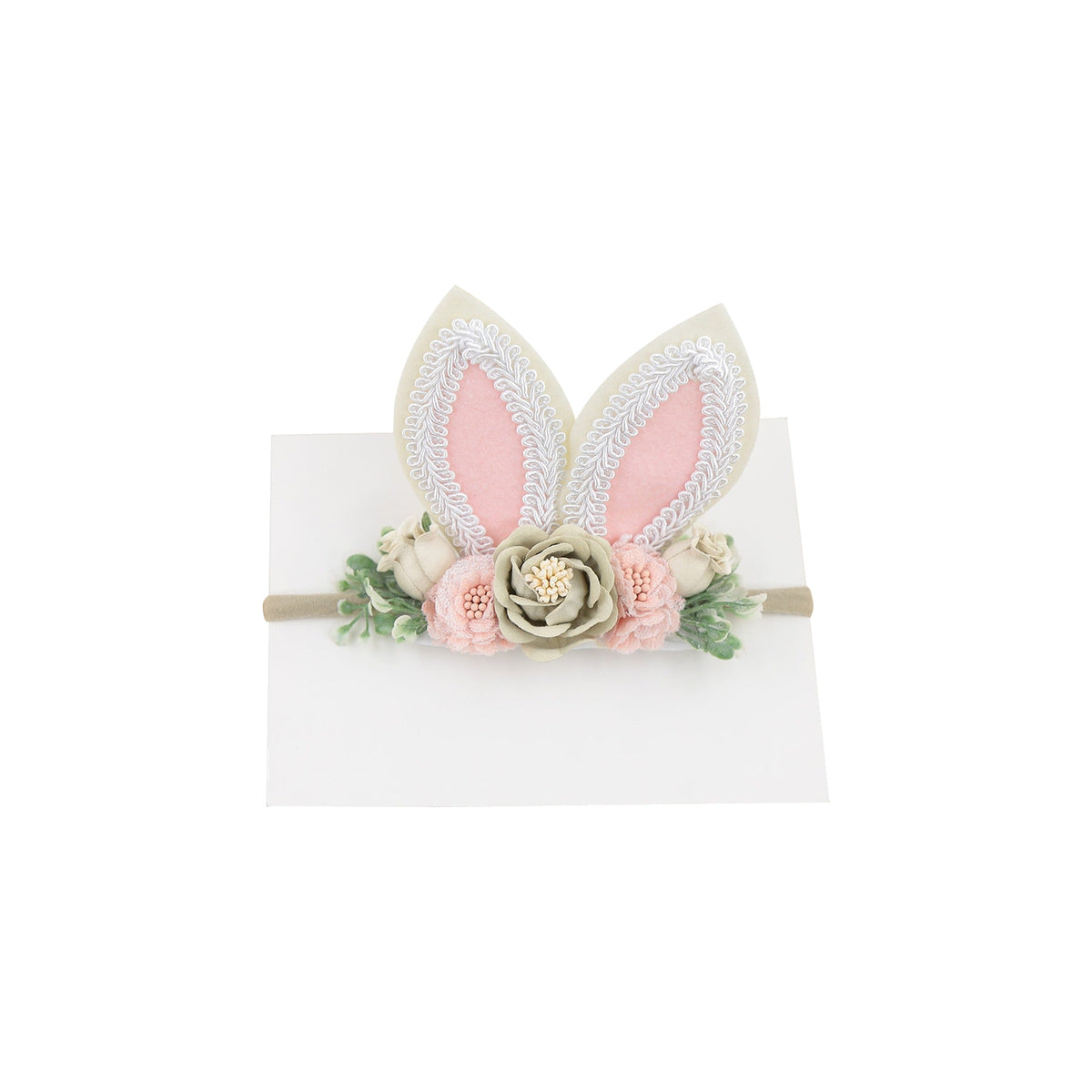 Clover Easter bunny ear baby headband in sage with felt ears and faux flowers