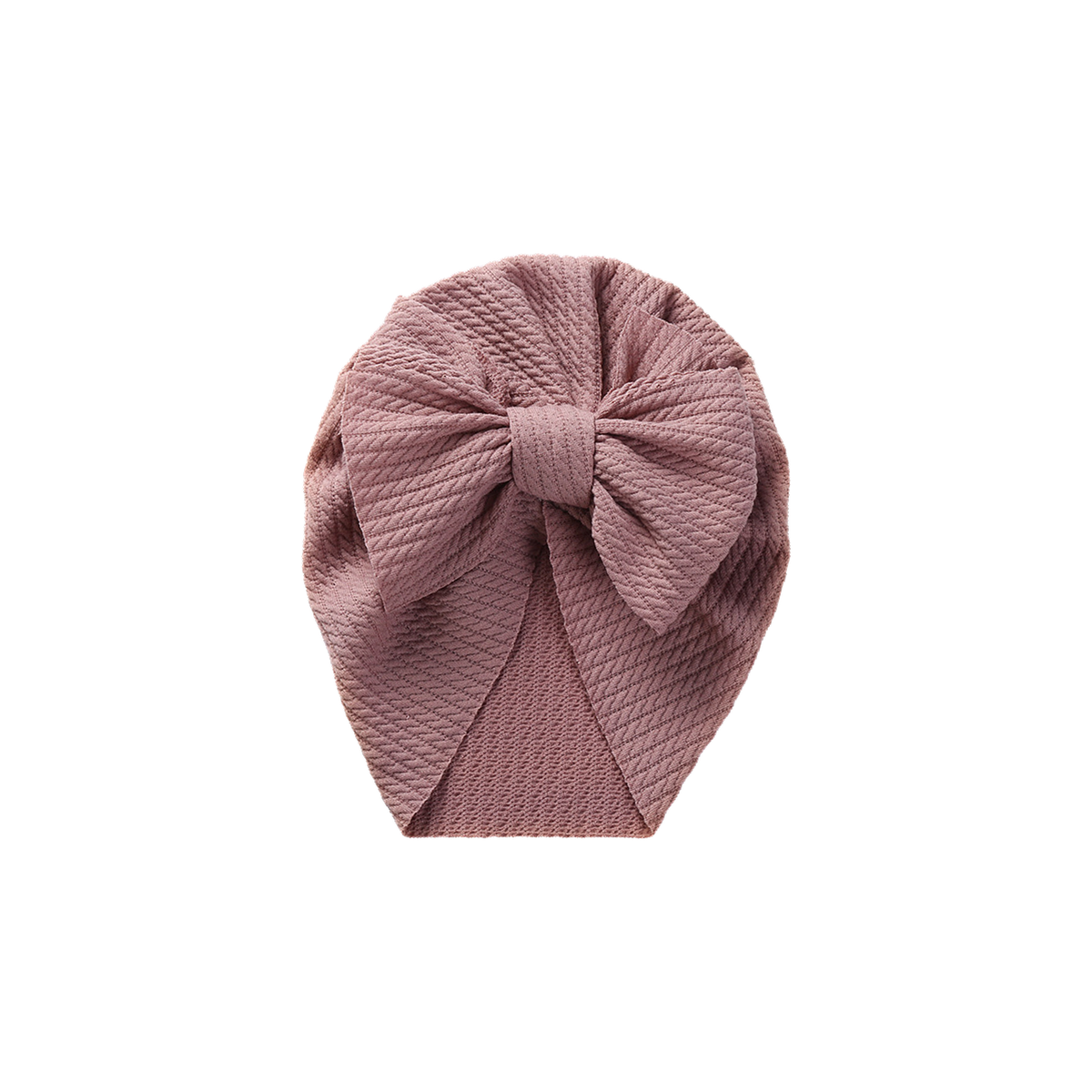 Billie bow baby turban in crepe, dusty rose mauve knit with an oversized front bow