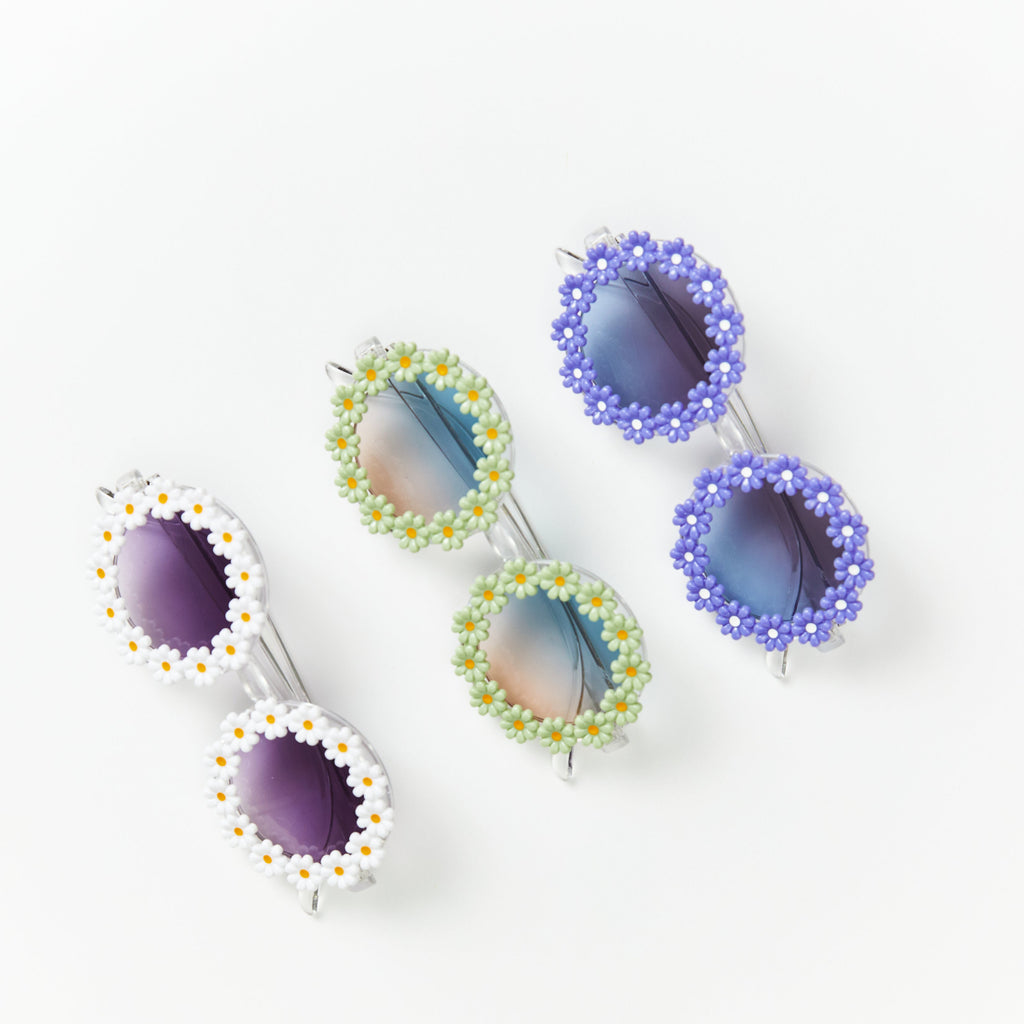 Toddler wearing baby sunglasses in sunlight — White Daisy Baby Sunglasses