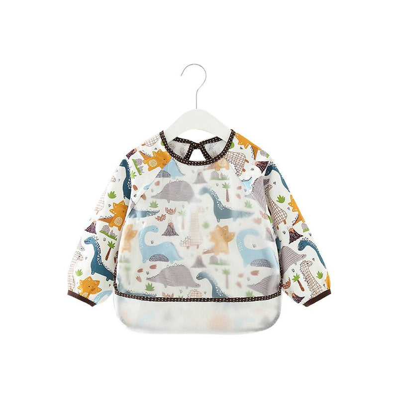 Dinosaur friends baby smock bib with long sleeves, waterproof toddler feeding smock with dinosaur print