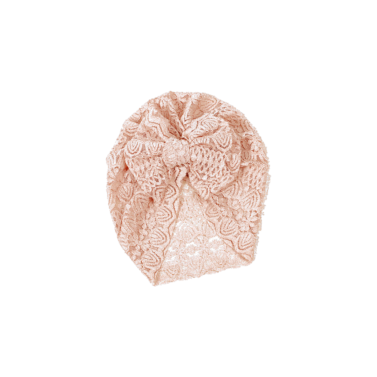 Doily lace bow baby turban in blush, soft warm pink lace
