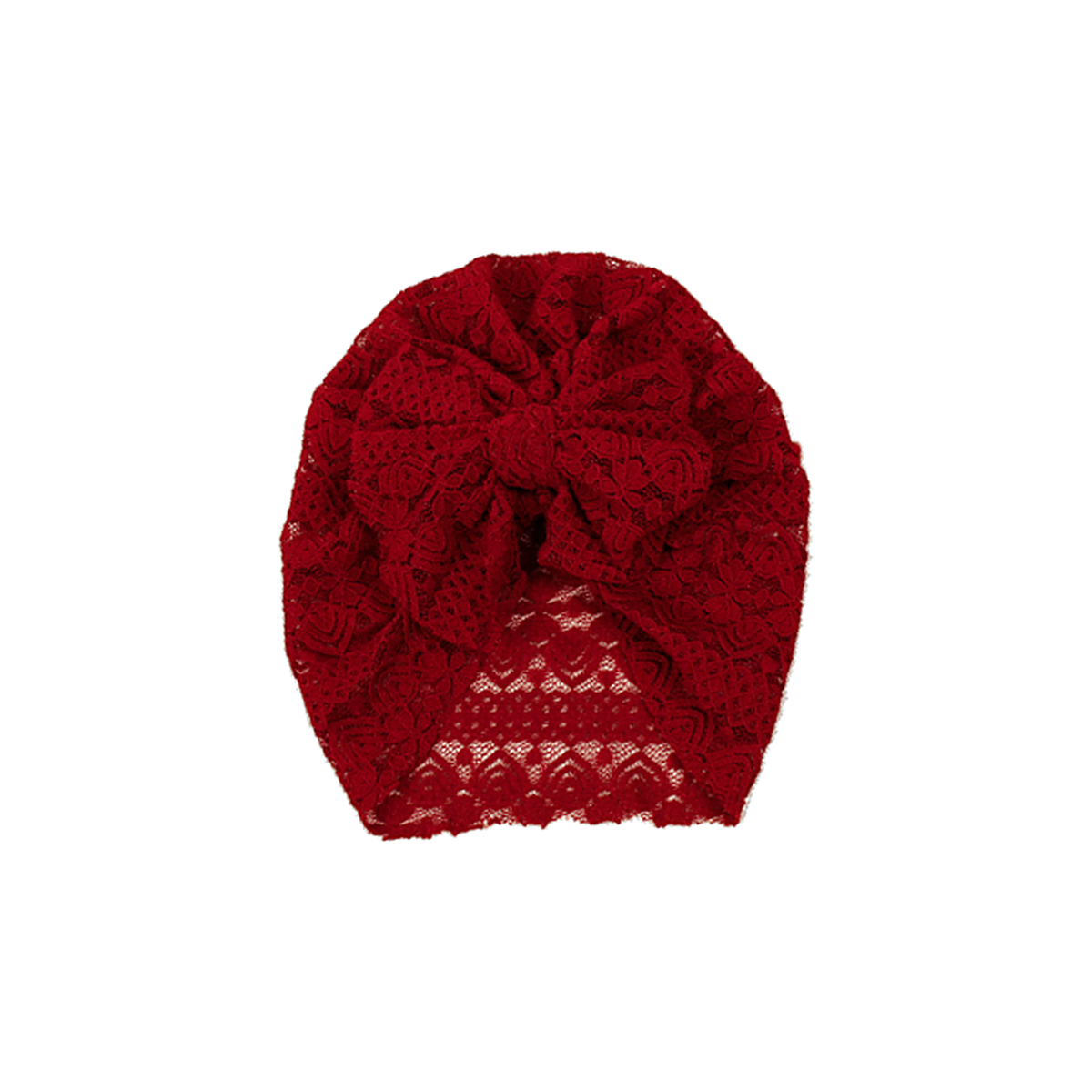 Doily lace bow baby turban in cherry, deep wine red lace