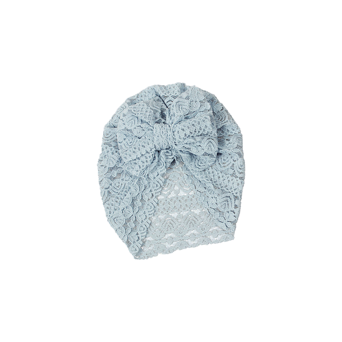 Doily lace bow baby turban in cruise blue, soft dusty blue lace