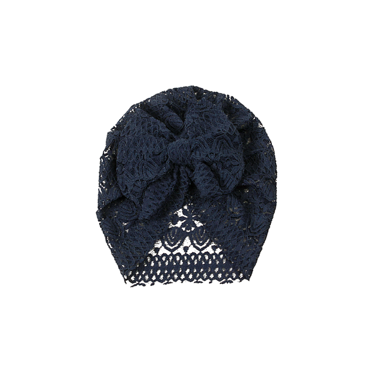 Doily lace bow baby turban in navy, deep navy lace