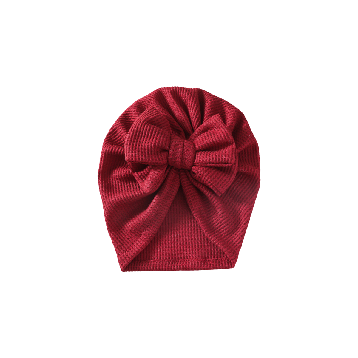 Dolly waffle bow baby turban in cherry, rich deep red waffle knit with a front bow