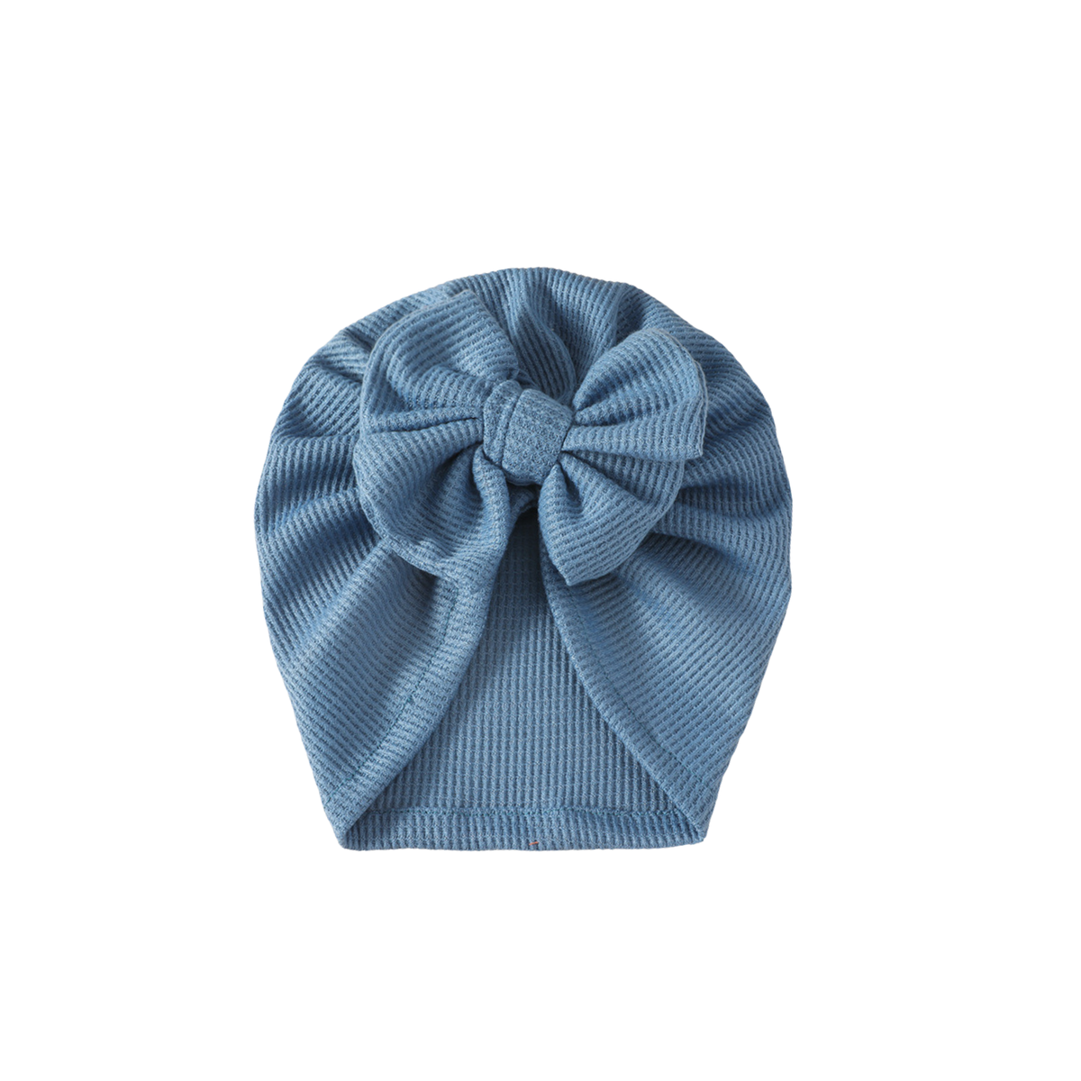 Dolly waffle bow baby turban in cruise blue, muted dusty blue waffle knit with a front bow