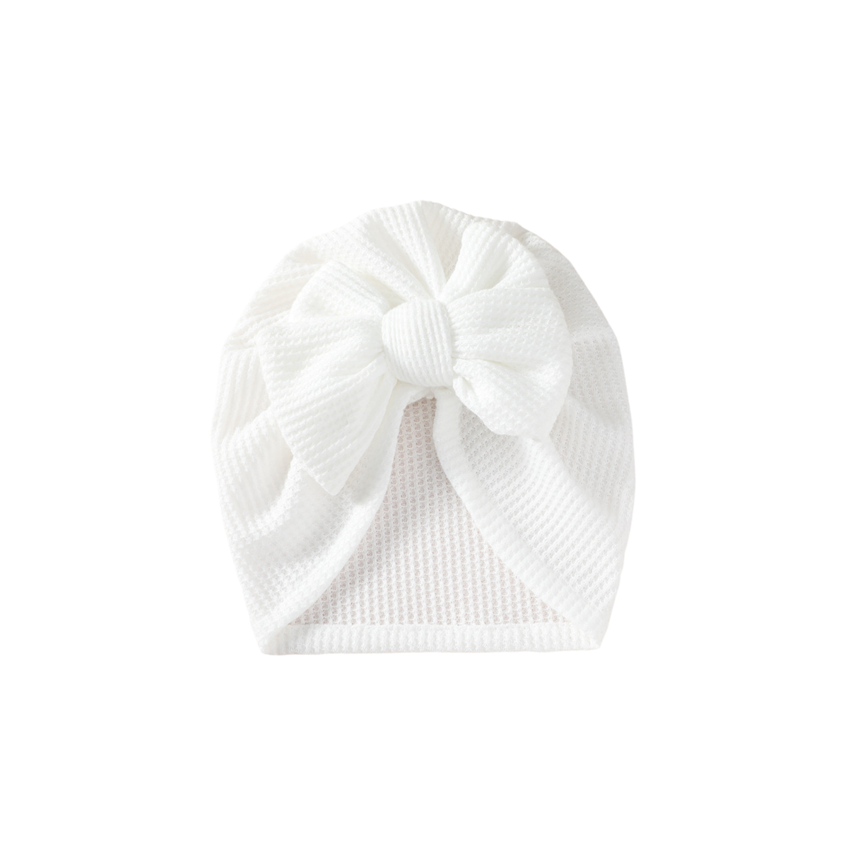 Dolly waffle bow baby turban in white, crisp white waffle knit with a front bow